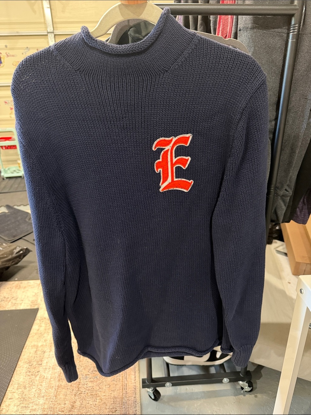 J. Crew Men's Navy Turtleneck Sweater with Red 'E' Patch